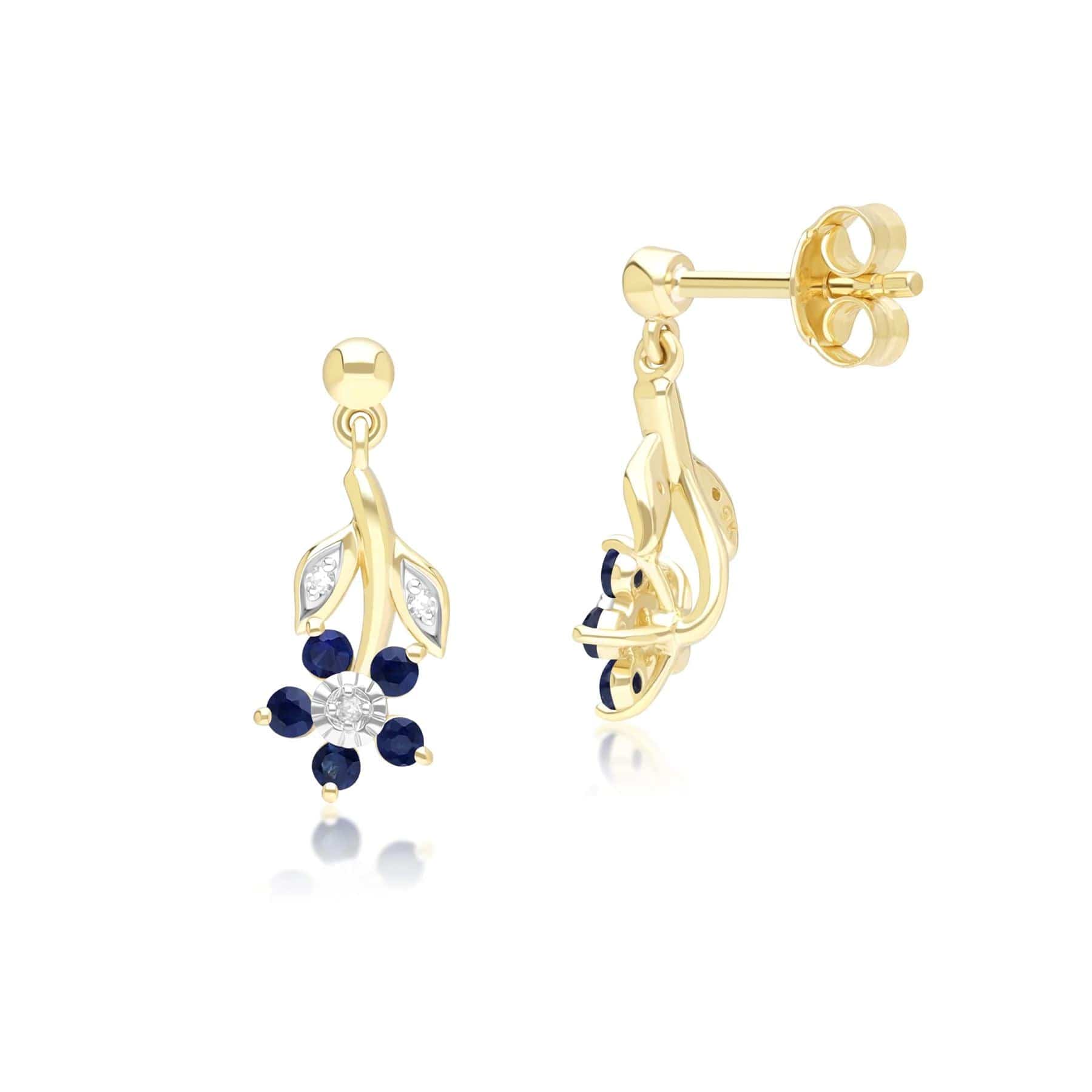 Floral Sapphire & Diamond Drop Earrings in 9ct Yellow Gold