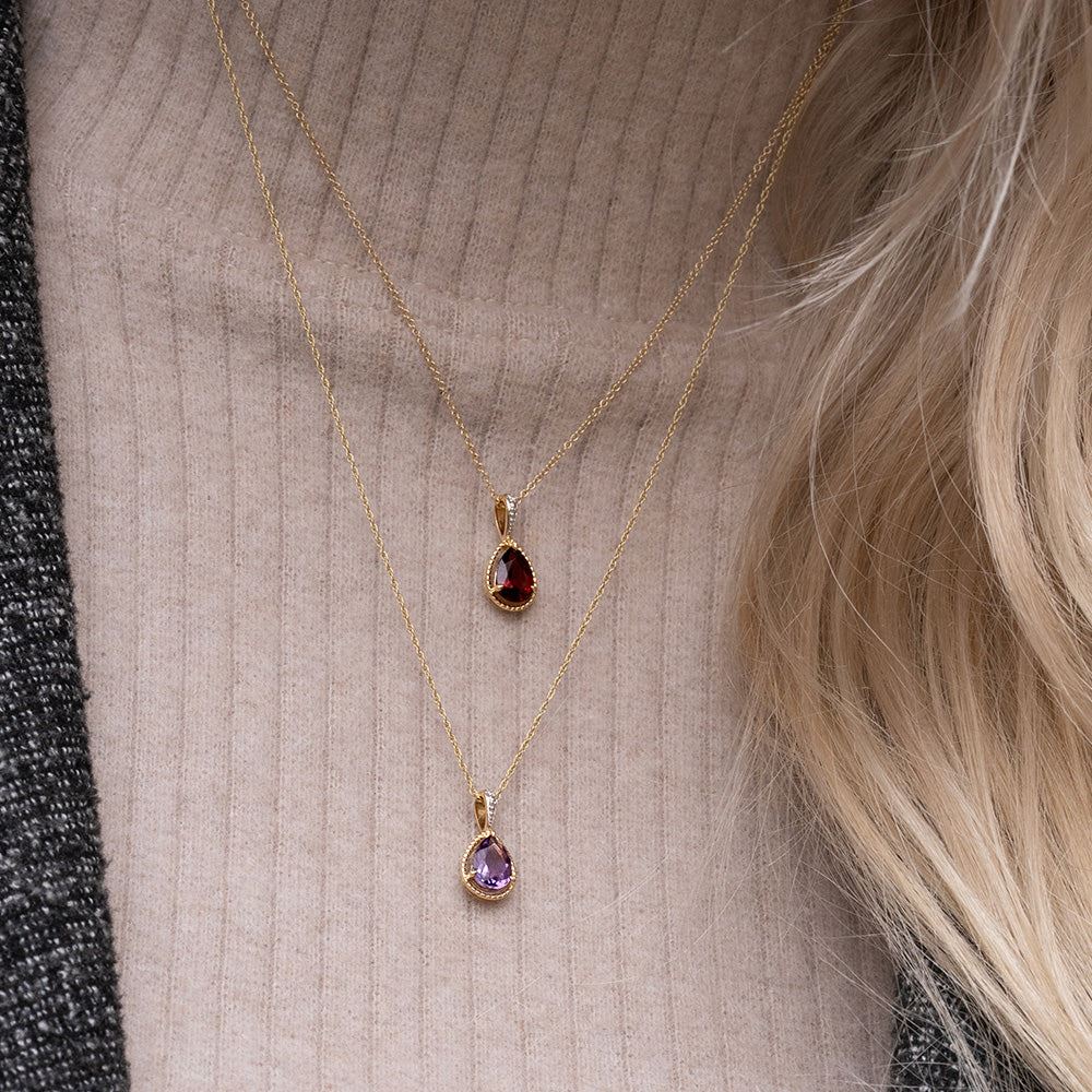 Classic Pear Garnet & Diamond Pendant Necklace In 9ct Yellow Gold