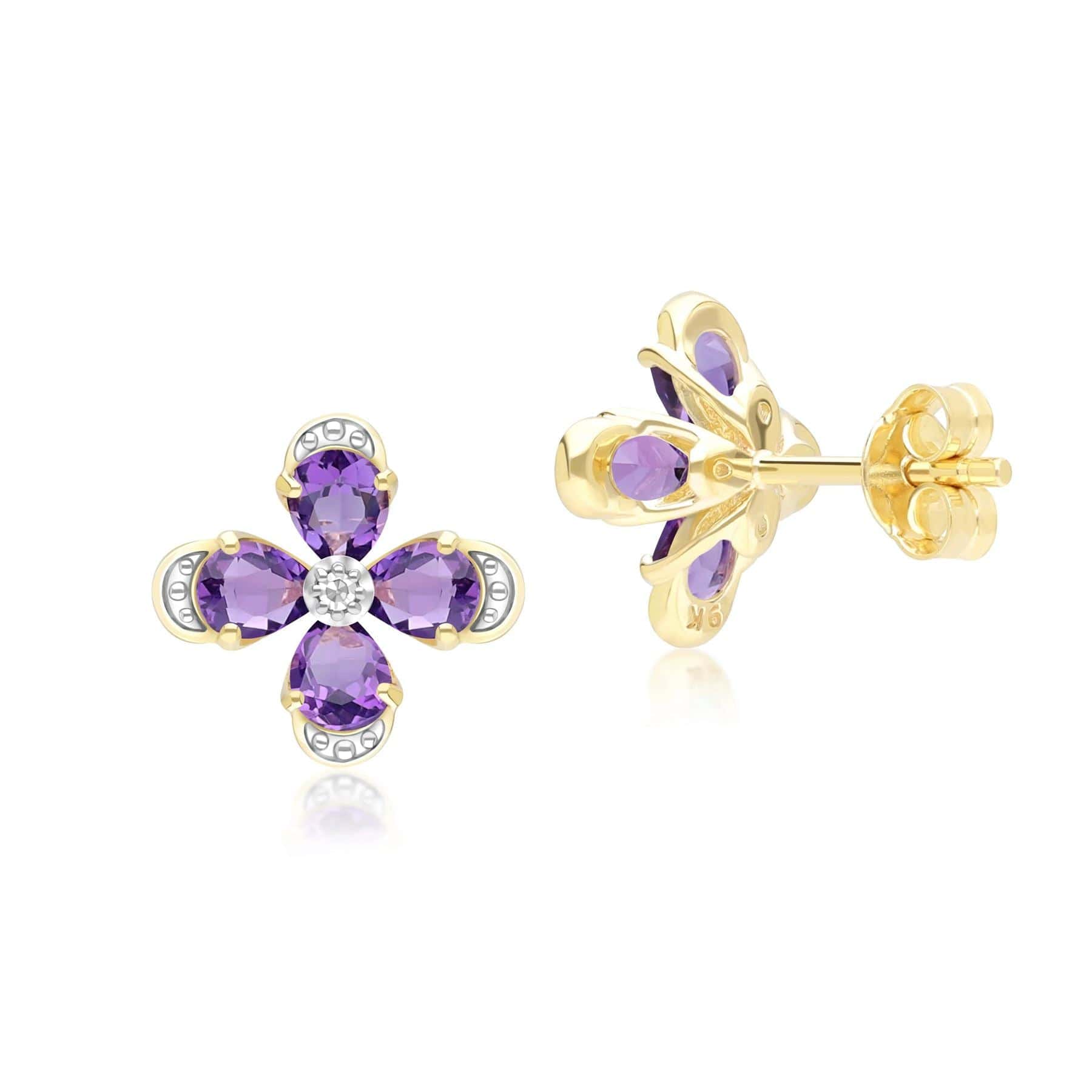 Floral Amethyst & Diamond Stud Earrings in 9ct Yellow Gold