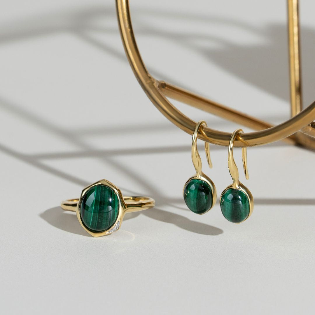Irregular B Gem Malachite & Diamond Ring in Gold Plated Sterling Silver