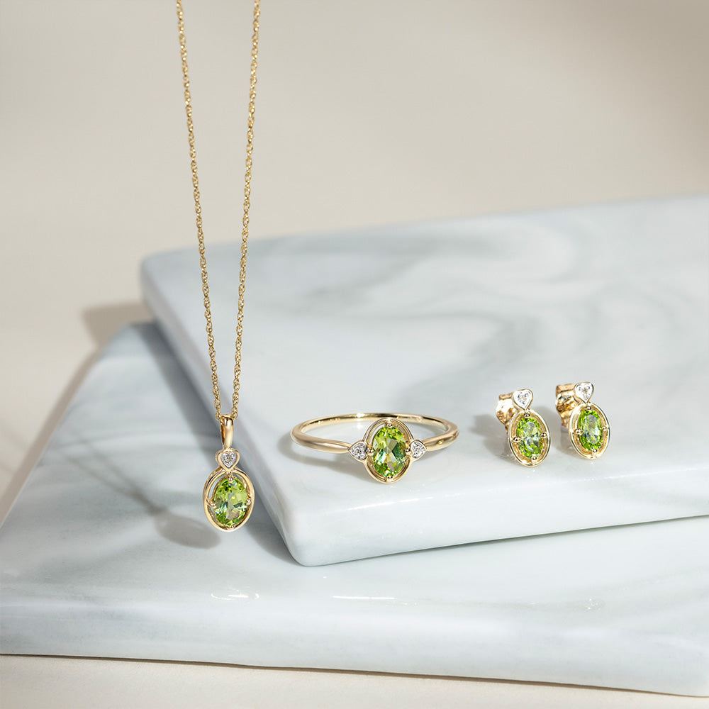 Classic Oval Peridot & Diamond Heart Stud Earrings In 9ct Yellow Gold