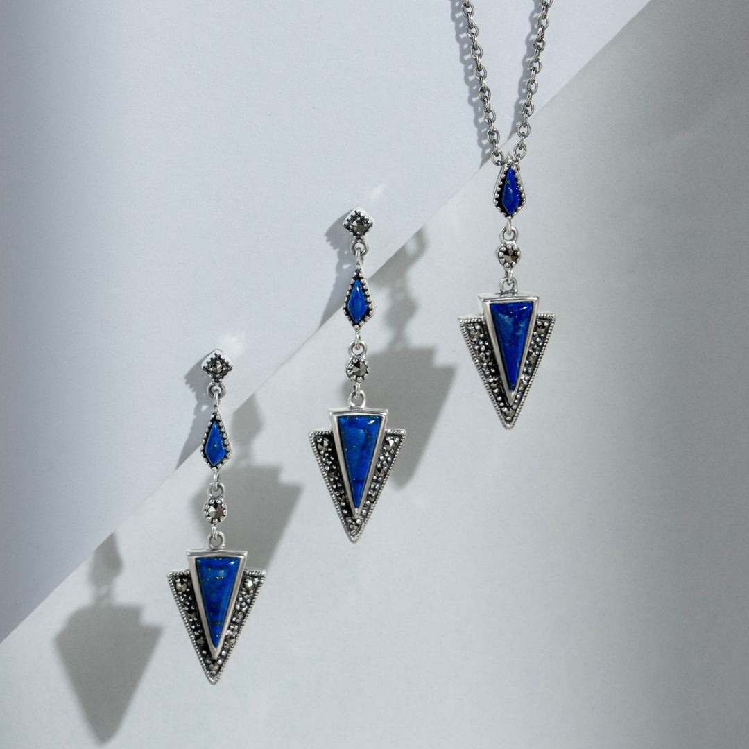Art Deco Style Triangle Lapis Lazuli & Marcasite Drop Earrings in 925 Sterling Silver