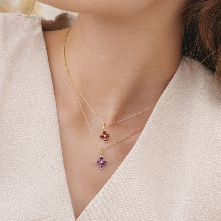 Floral Amethyst & Diamond Pendant Necklace in 9ct Yellow Gold