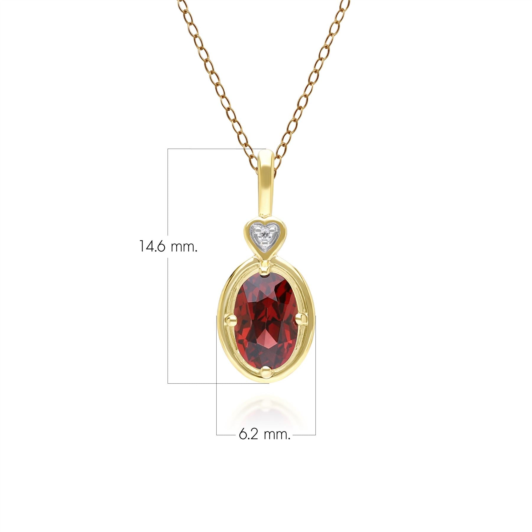 Classic Oval Garnet & Diamond Heart Pendant Necklace In 9ct Yellow Gold