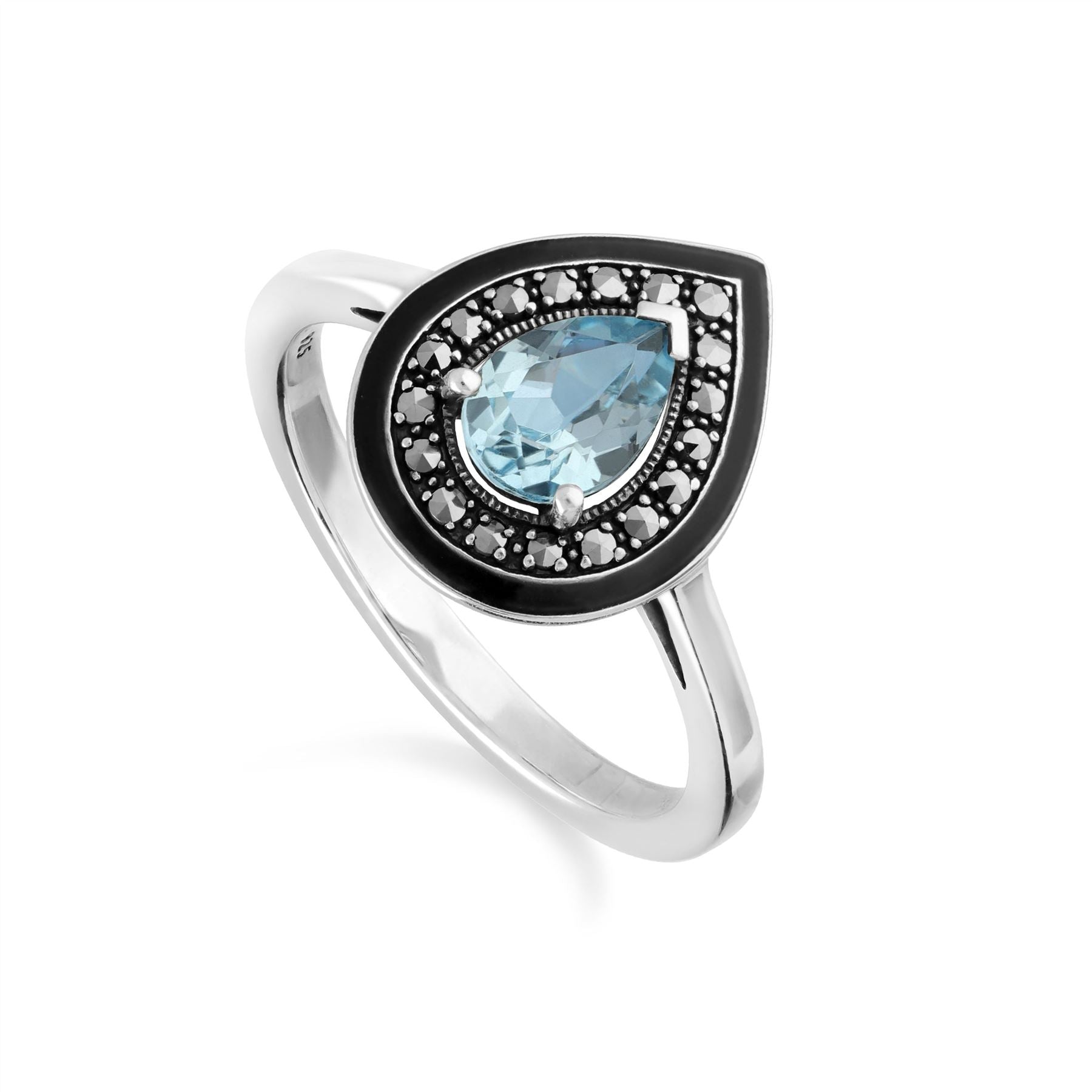 Art Deco Inspired Pear Cut Blue Topaz & Marcasite Ring