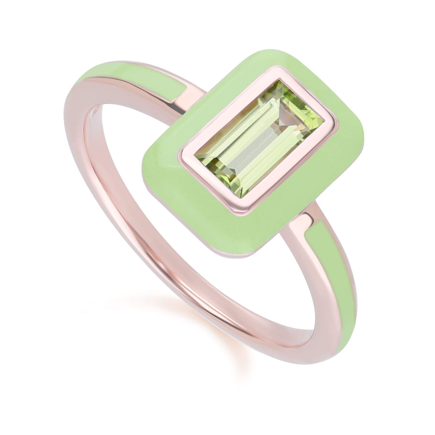 Siberian Waltz Green Enamel & Baguette Peridot Ring in Rose Gold Plated Sterling Silver