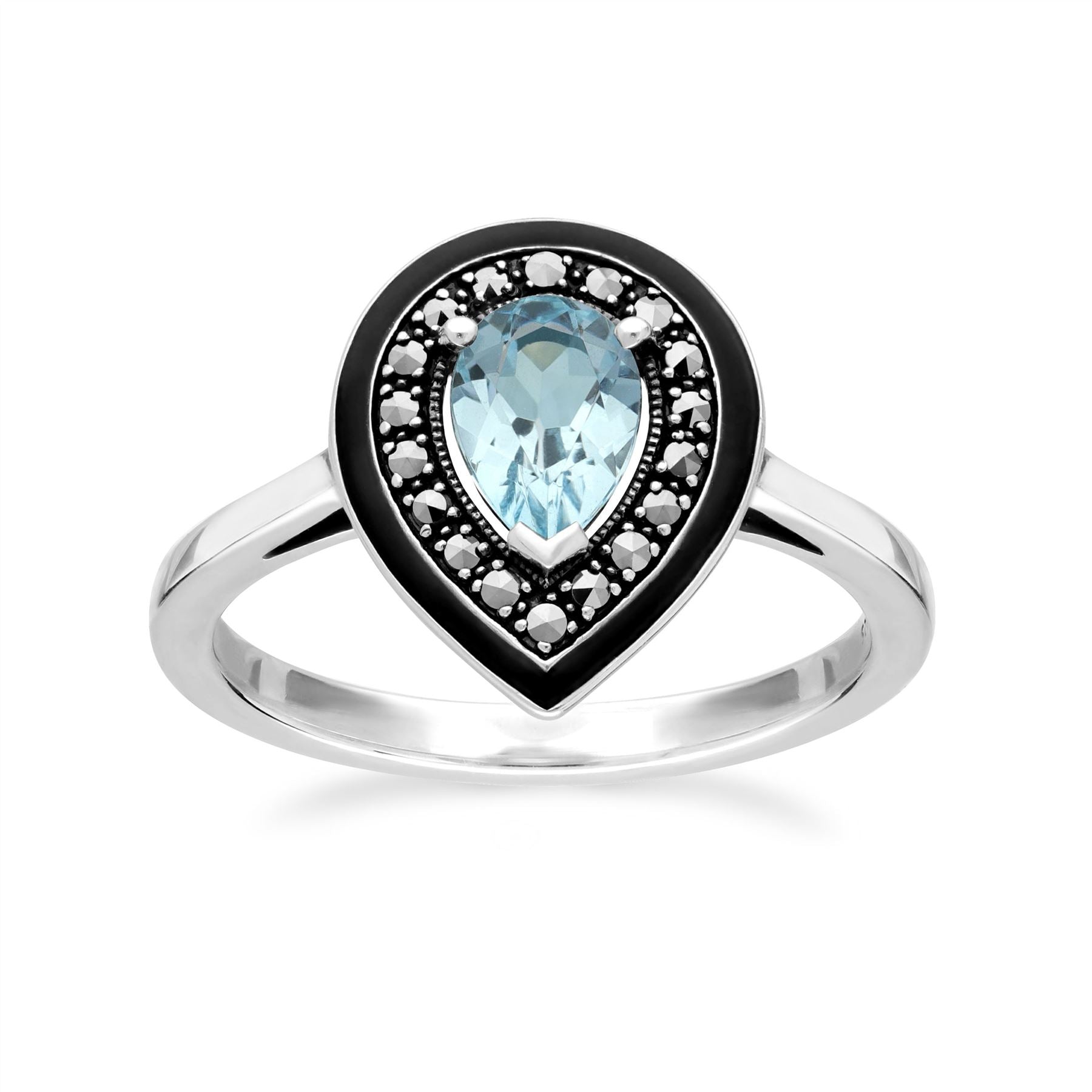 Art Deco Inspired Pear Cut Blue Topaz & Marcasite Ring