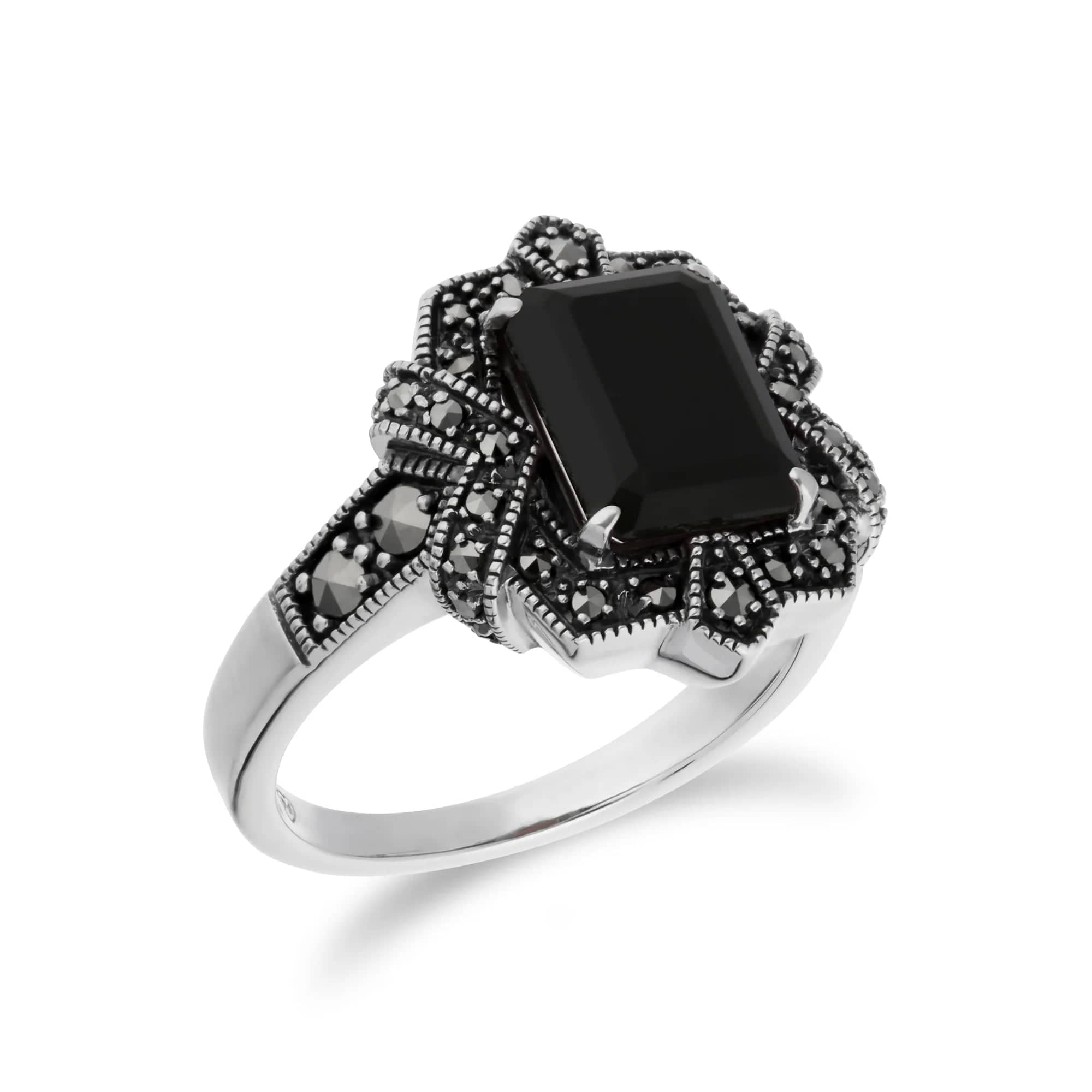 Art Deco Style Baguette Black Onyx & Marcasite Ring in 925 Sterling Silver