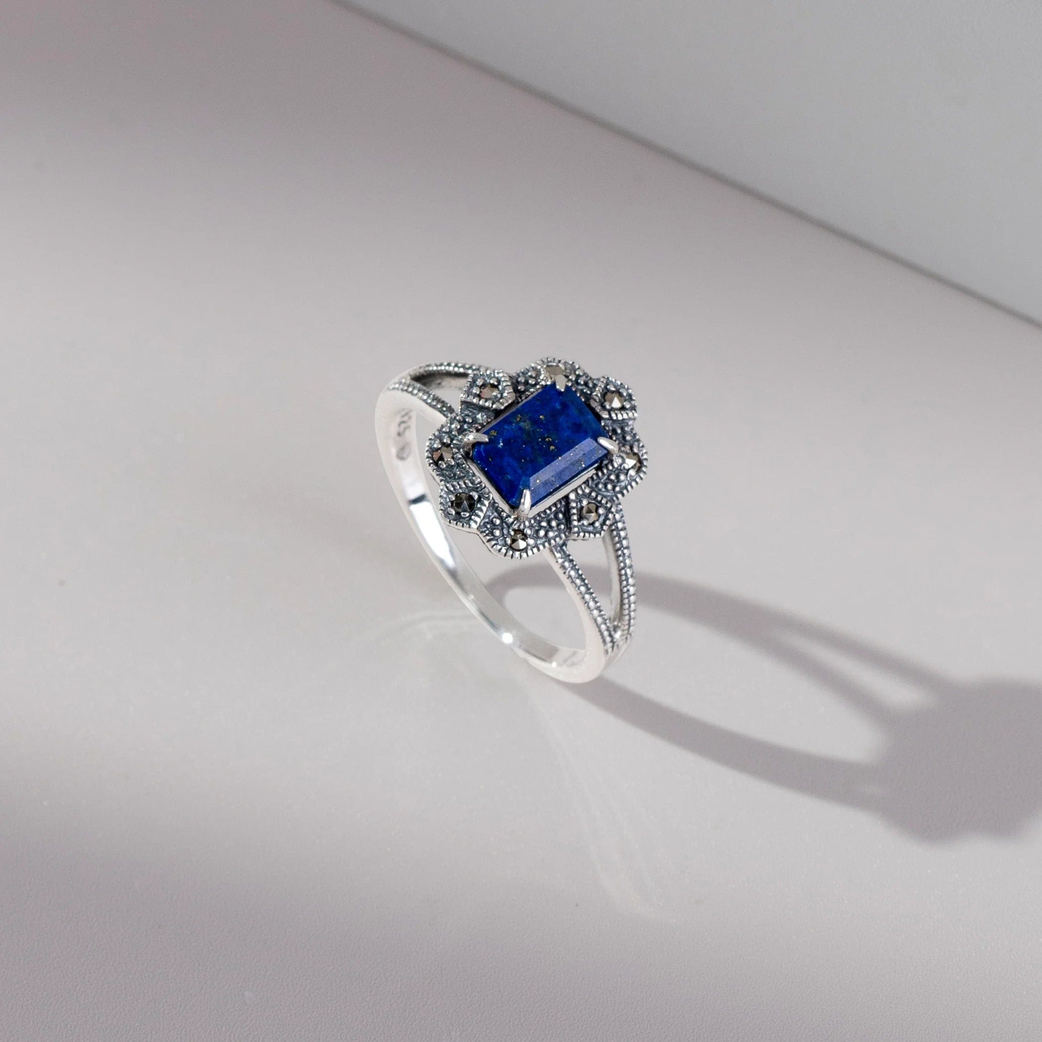 Art Deco Style Baguette Lapis Lazuli & Marcasite Ring in 925 Sterling Silver