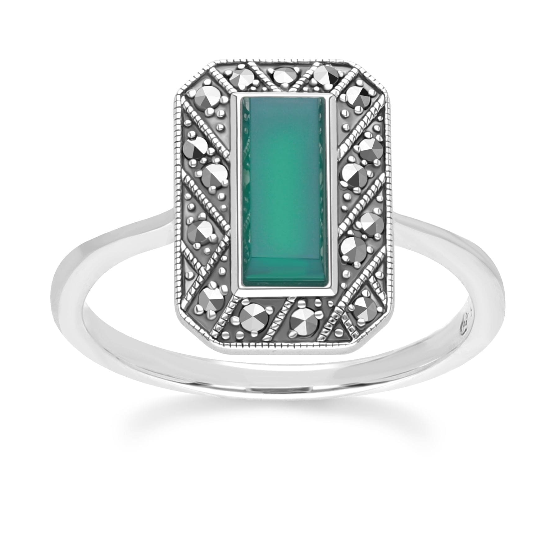 Art Deco Style Rectangle Chalcedony and Marcasite Ring in Sterling Silver 214R641901925 