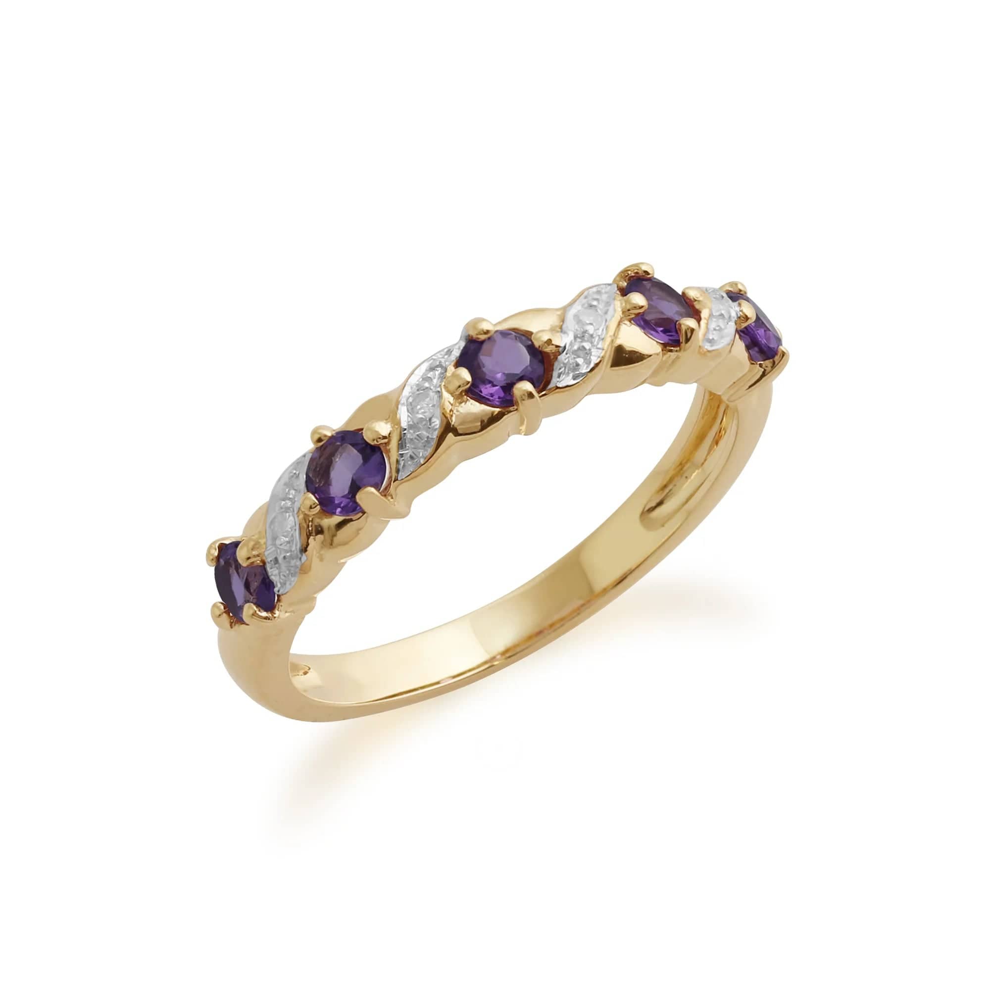 Classic Amethyst & Diamond Half Eternity Ring in 9ct Yellow Gold