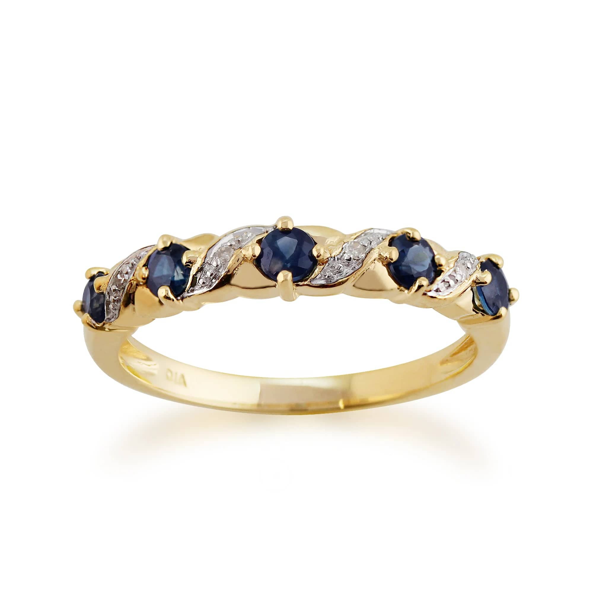 Classic Art Nouveau Round Sapphire & Diamond Half Eternity Ring In 9ct Yellow Gold