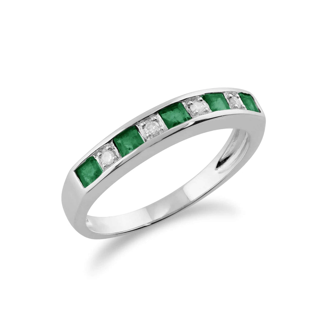 Classic Square Emerald & Diamond Half Eternity Ring 9ct White Gold