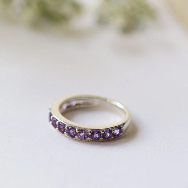 Classic Round Amethyst Half Eternity Ring in 925 Sterling Silver