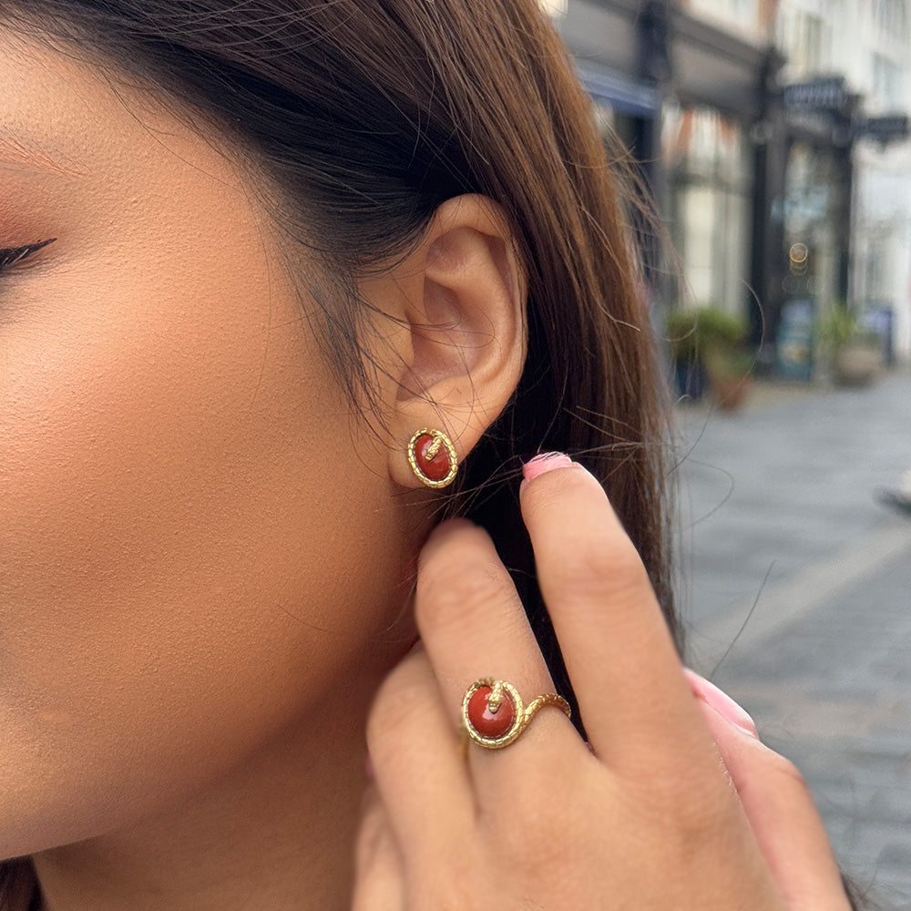 ECFEW™ Red Jasper Winding Snake Stud Earrings In Gold Plated Sterling Silver