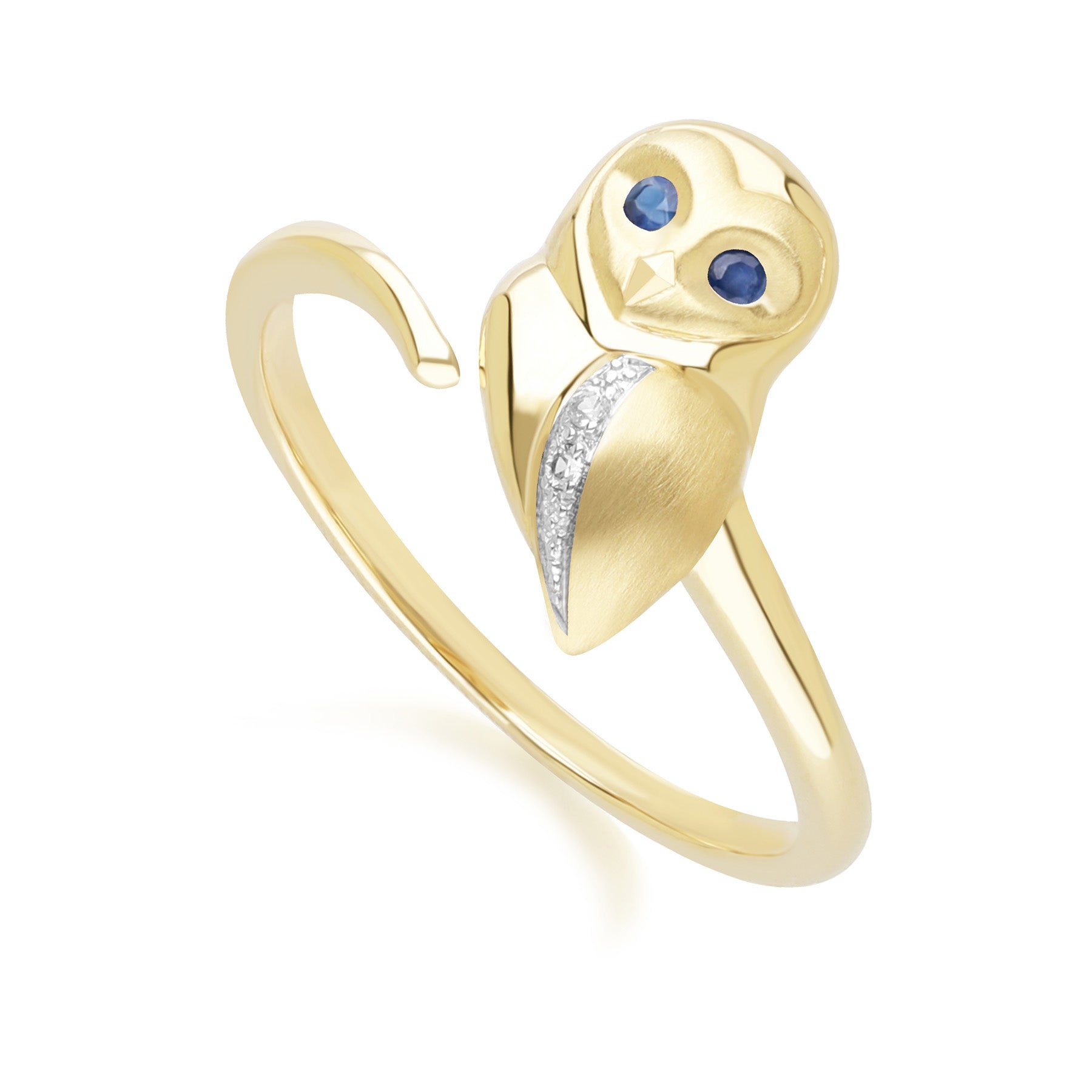 Gardenia Sapphire and White Sapphire Owl Ring in 9ct Yellow Gold