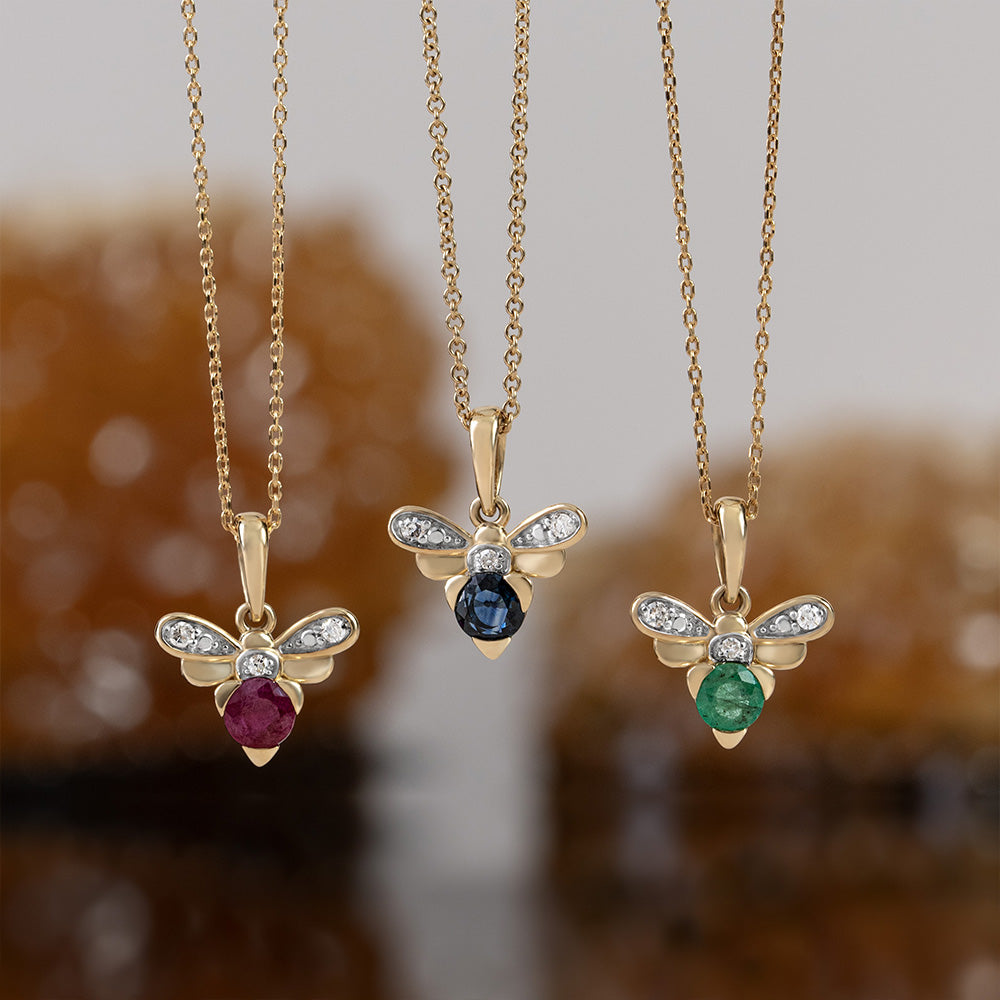 Honeycomb Inspired Blue Sapphire and Diamond Bee Pendant Necklace in 9ct Yellow Gold