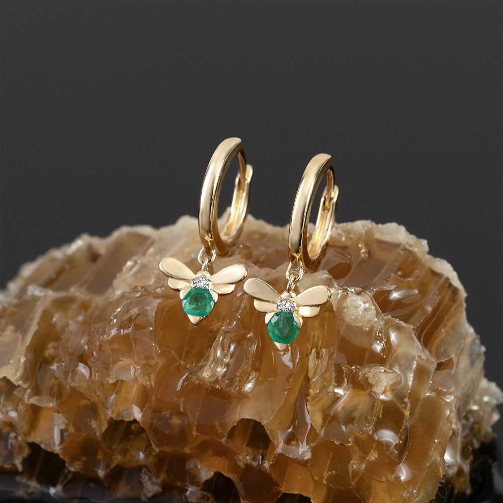 Honeycomb Inspired Emerald and Diamond Bee Hoop Earrings in 9ct Yellow Gold