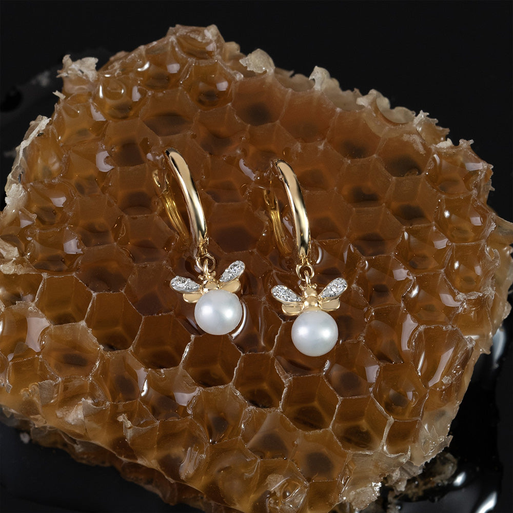 Honeycomb Inspired Pearl and Diamond Bee Hoop Earrings in 9ct Yellow Gold