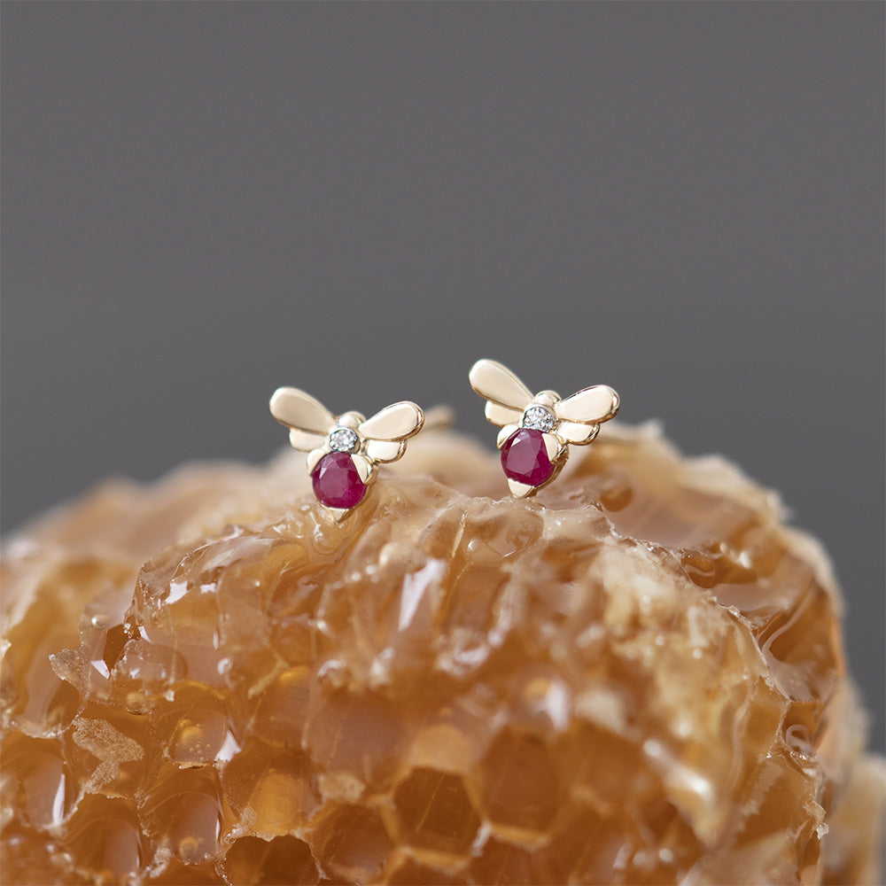 Honeycomb Inspired Ruby and Diamond Bee Stud Earrings in 9ct Yellow Gold