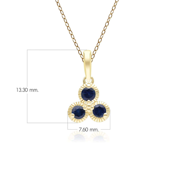 Floral Sapphire Three Stone Pendant Necklace in 9ct Yellow Gold