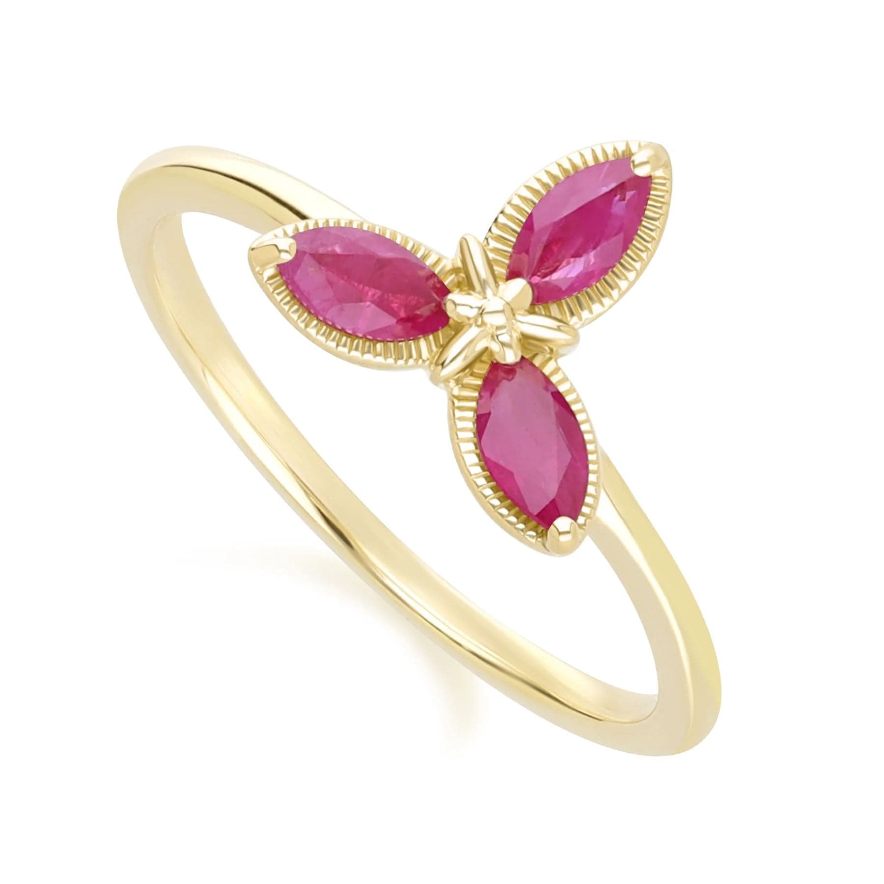 Floral Marquise Ruby Ring in 9ct Yellow Gold
