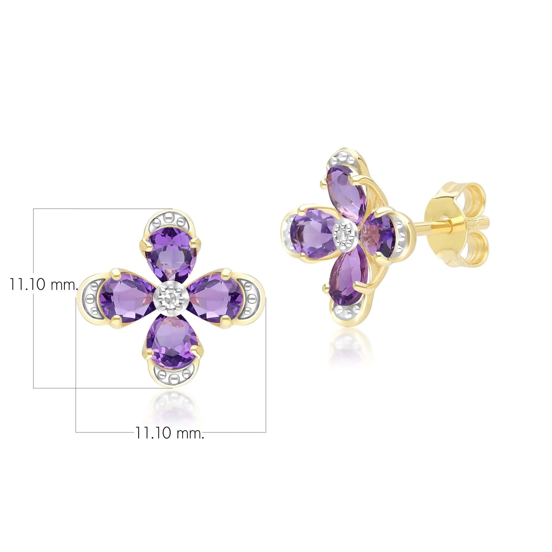 Floral Amethyst & Diamond Stud Earrings in 9ct Yellow Gold