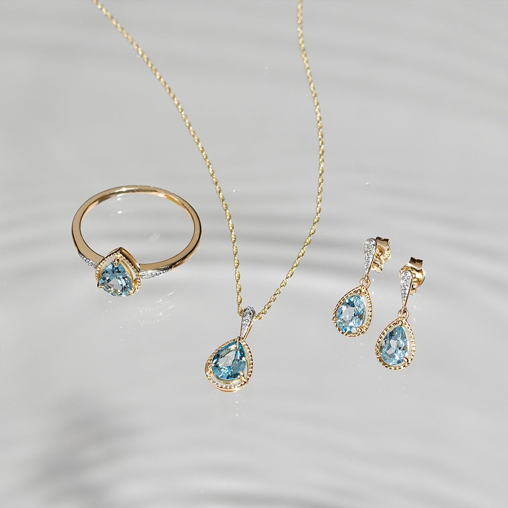 Classic Pear Aquamarine & Diamond Drop Earrings In 9ct Yellow Gold