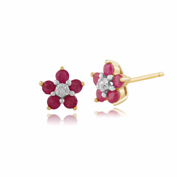 Floral Round Ruby & Diamond Cluster Stud Earrings in 9ct Yellow Gold - Gemondo