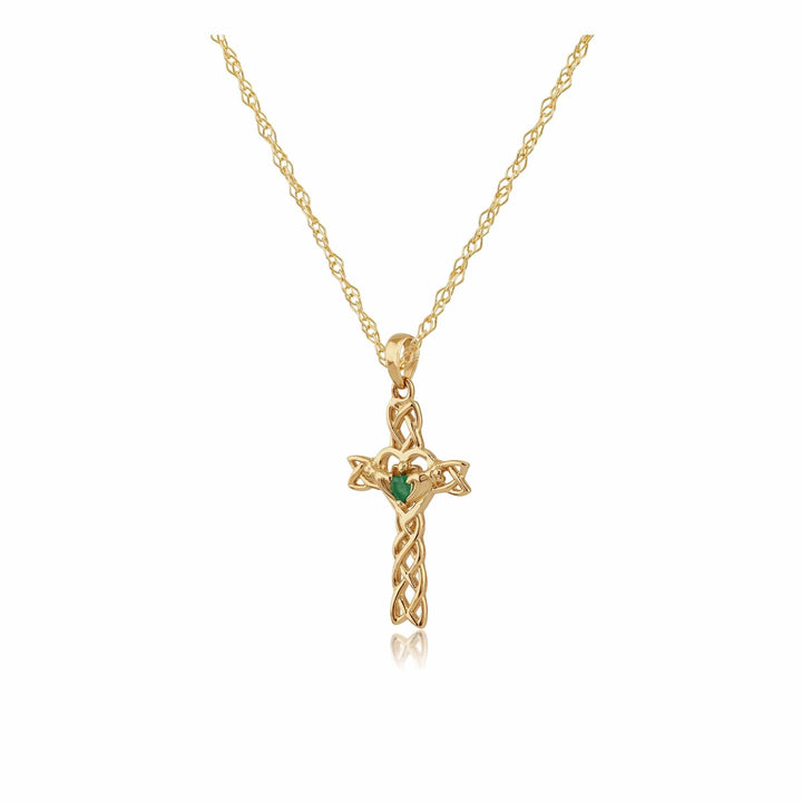 21071 Classic Heart Emerald Claddagh Cross Pendant in 9ct Yellow Gold 2