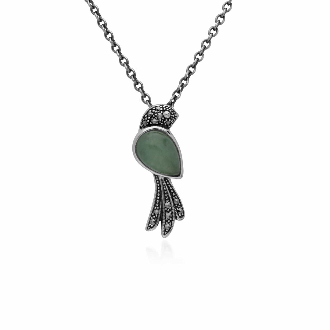 214N699702925 Classic Pear Green Jade & Marcasite Bird Necklace in 925 Sterling Silver 1