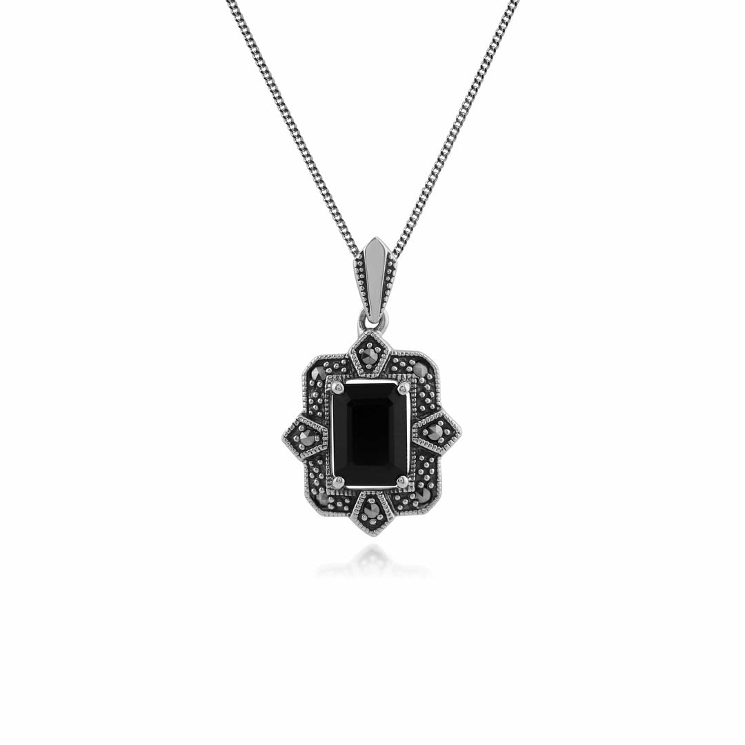 Art Deco Style Black Spinel & Marcasite Pendant in Silver - Gemondo