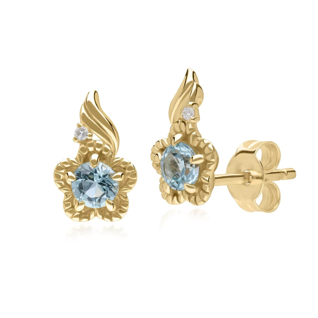 135E1813019 Floral Round Blue Topaz & Diamond Stud Earrings in 9ct Yellow Gold 1